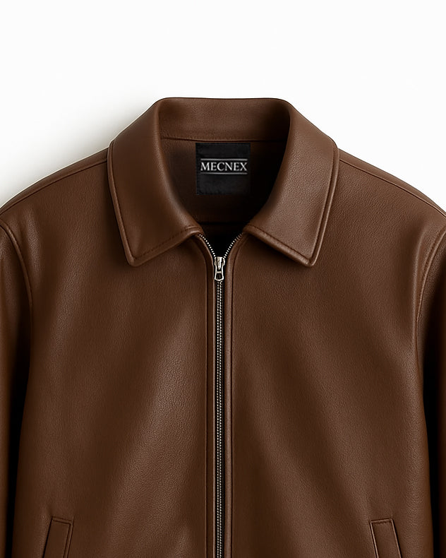 Mecnex Classic Tan Brown Leather Zip Jacket (CROPPED)